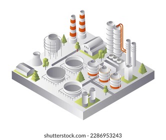 Petrol plant concept. Energy, power and electricity. Nuclear, fuel and gas station. Template, layout and mock up. Urban industrial zone. Cartoon isometric vector illustration