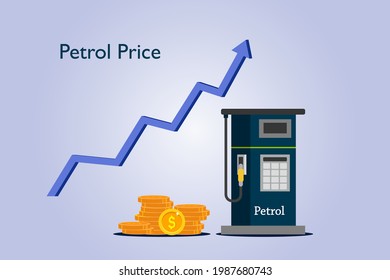 Petrol Price graph with coins and petrol arrow rise upward