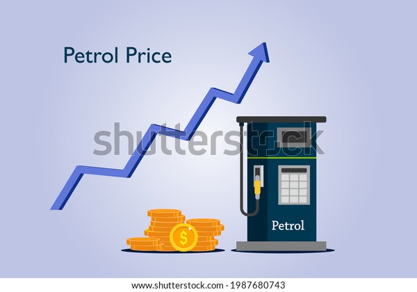 Petrol Price graph with coins and petrol arrow\
rise upward