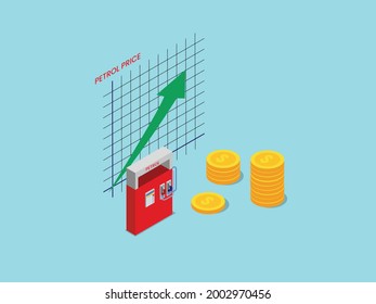 Concepto vectorial isométrico de precio de la gasolina. Dispensador de gasolina con monedas de dinero y gráfico de precios en alza