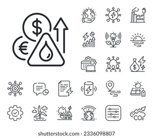 Petrol price sign. Energy, Co2 exhaust and solar panel outline icons. Fuel prices line icon. Diesel rate symbol. Fuel price line sign. Eco electric or wind power icon. Green planet. Vector