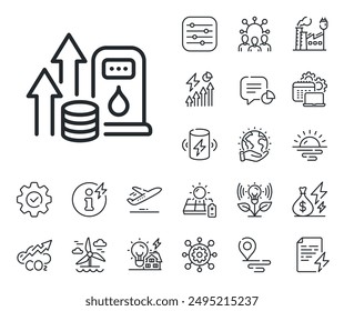 Señal de Precio de gasolina. Iconos de energía, escape de CO2 y contorno del panel solar. Icono de línea de Precios de combustible. Símbolo de velocidad diesel. Señal de la tubería de Precio de combustible. Icono de energía eólica o eléctrica ecológica. El planeta verde. Vector