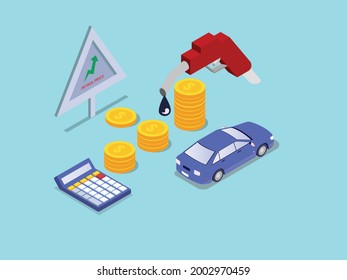 Concepto vectorial de precio de la gasolina. Rompecabezas de combustible con auto, monedas de dinero y calculadora