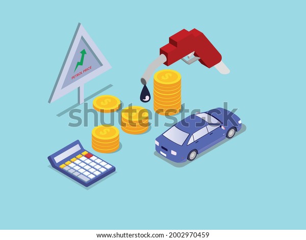 Petrol Price vector concept. Fuel nozzle with\
car, money coins, and\
calculator