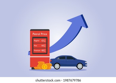 Petrol Price Vector Concept. Petrol Price List With Car, Coins, And Rise Up Arrow