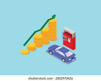 Petrol Price vector concept. Petrol station with car and rise up price arrow over coins diagram.