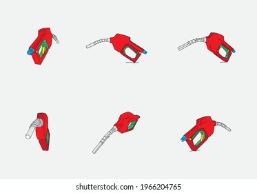 petrol pump fuel nozzle in red color with various angles
