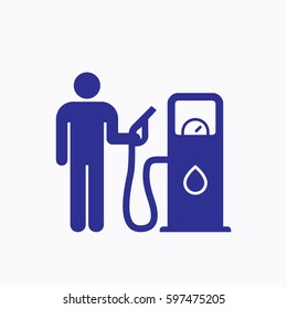Petrol Pump and Human Icon. Graphic Flat Vector Design Gas Pump Blue Color Style