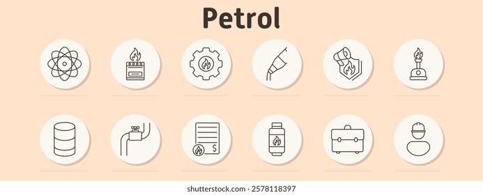 Petrol set icon. Atom, burner, gear, nozzle, pipeline, gas contract, canister, scientist, worker, barrel, oil lamp