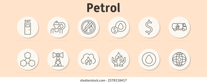 Petrol set icon. Exit sign, worker, no fire, oil price, dollar symbol, fuel truck, chemical formula, refinery, smoke, flame in hands, oil drop, global oil.