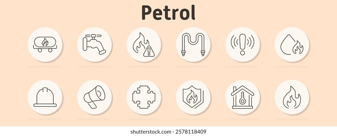 Petrol set icon. Fuel tank, valve, fire hazard, pipeline, warning symbol, flame drop, hard hat, megaphone, machinery, fire protection, thermometer, flammable