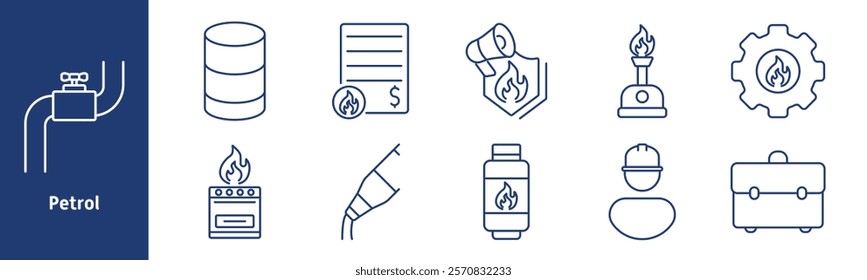 Petrol set icon. Fuel valve, oil tank, financial report, flammable material, gas stove, fuel nozzle, gas bottle, worker, briefcase