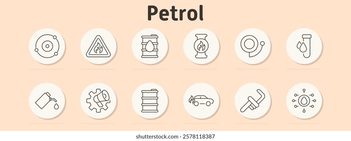 Petrol set icon. Molecule, fire hazard, oil barrel, gas burner, coil, oil drop test tube, oil canister, gear with megaphone, barrel, car on fire, pipeline, oil network