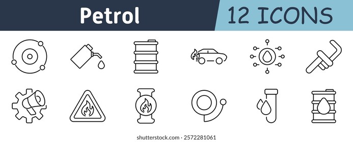 Petrol set icon. Oil barrel, fuel drop, fire hazard, gas tank, piping systems, car fuel consumption, warning signs, laboratory testing, energy storage, industrial tools, resources.