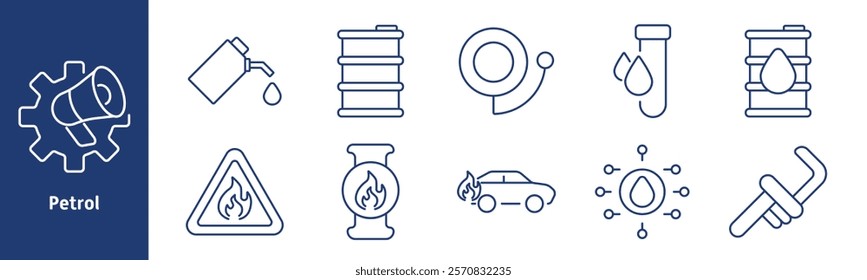 Petrol set icon. Oil can, barrel, fuel hose, drop of oil, warning sign, pipe joint, car fuel, oil molecule, gasoline infrastructure