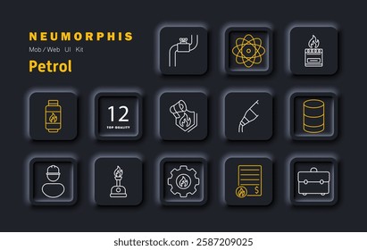 Petrol set icon. Oil industry, fuel production, safety, energy resources, global trade, fire hazard, gas pipeline, industrial engineering, refinery, economic impact.