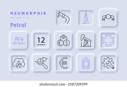 Petrol set icon. Oil rig, drilling, fuel extraction, pipeline, refinery, gas station, market value, industry, fire hazard, economy, production, energy, transportation, combustion, pricing