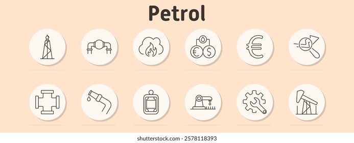 Petrol set icon. Oil tower, pipeline, flame, currency exchange, Euro, magnifying glass with chart, connector, gas pump, barrel, oil rig, wrench with gear, pump jack