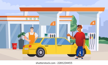 Petrol station concept with people scene in the background cartoon style. Man came to a petrol station to fill up his car with gasoline. Vector illustration.