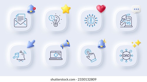 Petrol station, Dao and Alarm sound line icons. Buttons with 3d bell, chat speech, cursor. Pack of Cursor, Seo laptop, Time management icon. Mail correspondence, Info pictogram. Vector