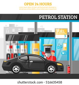 Petrol Station Flat Composition With Worker At Car And Open 24 Hours Advertising Vector Illustration 