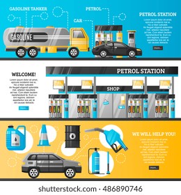 Petrol station flat horizontal banners with refuelling stands cars shop filling gun gasoline track icons vector illustration