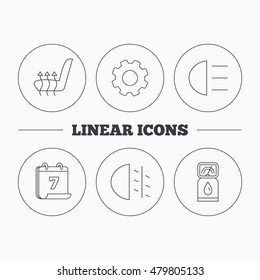 Petrol station, fog lights and heated seats icons. Gas fuel station linear sign. Flat cogwheel and calendar symbols. Linear icons in circle buttons. Vector