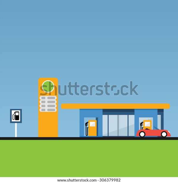 Petrol station (gas station) with car. Flat\
design vector\
illustration