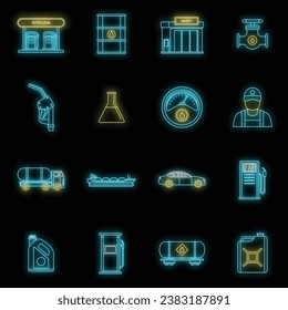 Petrol station gas fuel shop icons set. Outline illustration of 16 petrol station gas fuel shop vector icons neon color on black