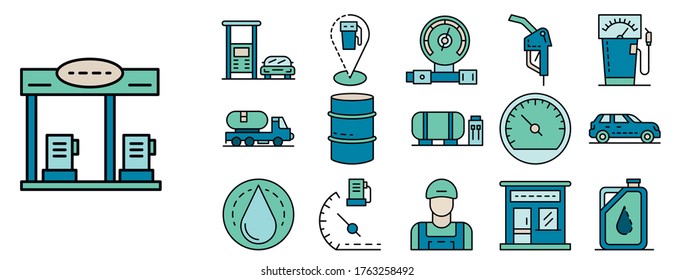 Petrol station icon set. Outline set of petrol station vector icons thin line color flat isolated on white