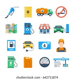 Ícones de postos de gasolina em um estilo simples. Atributos de um posto de gasolina de uma coluna, um recipiente, uma bomba de gasolina, um trabalhador, um café. Ilustração vetorial isolada.