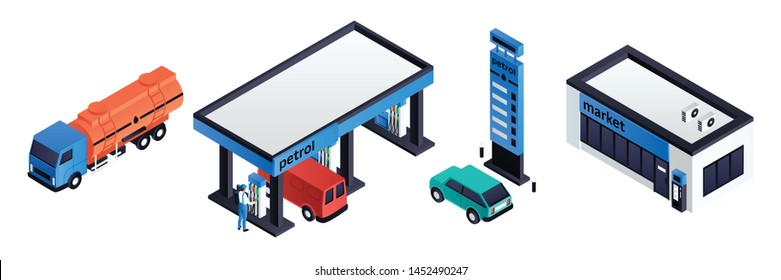 Petrol station icons set. Isometric set of petrol station vector icons for web design isolated on white background