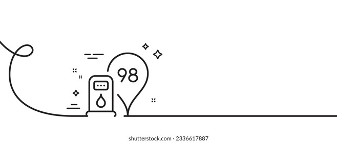 Icono de línea de estación de gasolina. Una línea continua con curl. Firma de ubicación de la estación de relleno. Símbolo de combustible de gasolina. Banda de contorno simple de la estación de gasolina. Patrón de curva de bucle. Vector