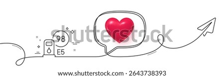 Petrol station line icon. Continuous line with share plane. Filling station sign. E5 petroleum fuel symbol. 3d heart in speech bubble. Petrol station single line ribbon. Loop curve pattern. Vector