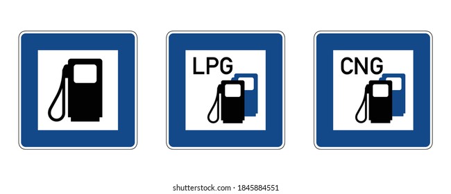 Estación de gasolina con señal de carretera de GLP y GNC. Ilustración vectorial con señales de tráfico cuadrado azul con el icono de la bomba de combustible en el interior. Símbolo de estación de llenado utilizado en Alemania aislado en segundo plano.