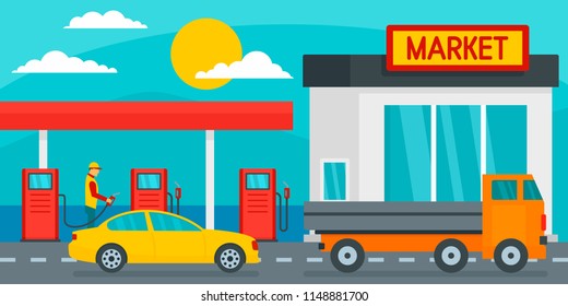 Petrol station with market background. Flat illustration of petrol station with market vector background for web design