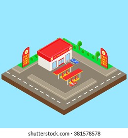 Petrol Station Near The Road With A Small Shop, Parking, Car. Isometric.