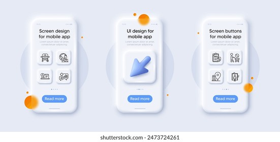 Gasolinera, Ayuda en línea y paquete de iconos de la línea Spanner. maquetas de teléfono 3d con cursor. Pantalla de cristal para smartphone. Parada de compras, entrega internacional, Web de la parrilla de gas icono. Vector