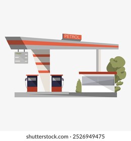 Petrol station with pumps and canopy in flat vector illustration symbolizing refueling, transportation infrastructure, and roadside services, isolated on white background.