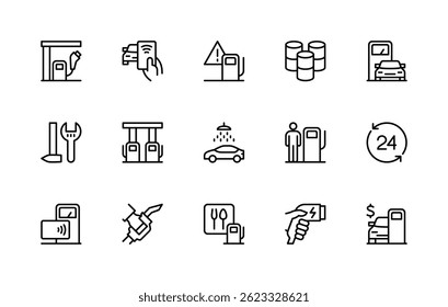 Petrol station related vector linear icons set. Isolated icon collection such as maintenance, wash, gas station, petrol pump, card payment and more. Isolated icon collection of gas station related.
