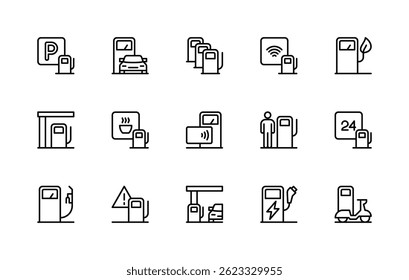 Conjunto de iconos lineales de Vector relacionados con la gasolinera. Colección aislada del icono tal como mantenimiento, lavado, gasolinera, gasolinera, pago de la tarjeta y más. Icono aislado colección de la gasolinera relacionada.