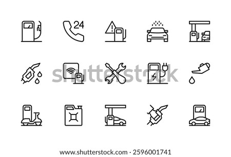 Petrol station related vector linear icons set. Isolated icon collection such as petrol pump, 24, car wash, maintenance, petrol station and more. Isolated icon collection of gas station related.