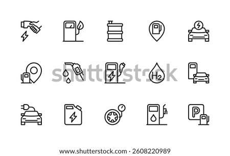 Petrol station related vector linear icons set. Isolated icon collection such as petrol, filling station, petrol pump, fuel station and more. Isolated icon collection of gas station related.