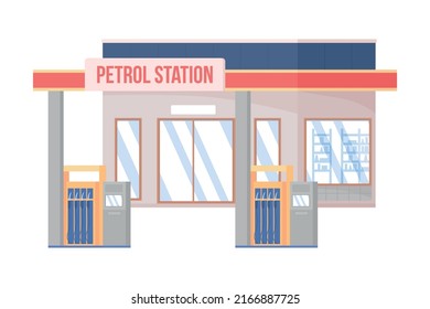 Petrol station semi flat color vector object. Editable figure. Full sized item on white. Gasoline simple cartoon style illustration for web graphic design and animation. Bebas Neue font used