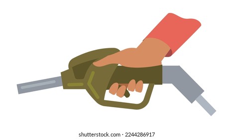 Petrol station services, isolated hand holding gas pump handle. Filling car with petroleum and oil, gasoline refilling and vehicle charge. Vector in flat style