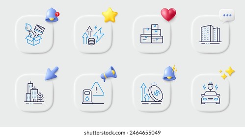 Petrol station, Skyscraper buildings and Excise duty line icons. Buttons with 3d bell, chat speech, cursor. Pack of Buildings, Car charging, Wholesale goods icon. Vector