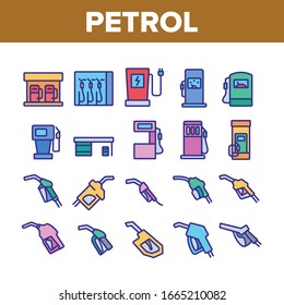 Petrol Station Tool Collection Icons Set Vector. Automobile Petrol Fuel Service Equipment And Nozzle, Gas, Diesel And Electricity Concept Linear Pictograms. Color Contour Illustrations