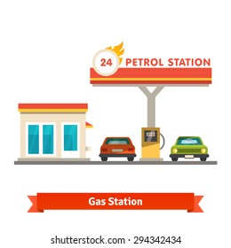 Petrol Station With Two Cars. Flat Vector Illustration Isolated On White Background.