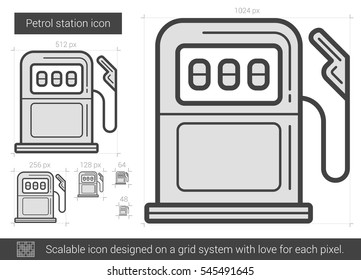Ícone de linha vetorial de estação de gasolina isolado no fundo branco. Ícone da linha do posto de gasolina para infográfico, site ou app. Ícone escalável projetado em um sistema de grade.