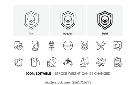 Petrol station, Water cooler and No smoking line icons. Pack of Security agency, Shipping support, Clapping hands icon. Approved report, Cyber attack, Night weather pictogram. Line icons. Vector